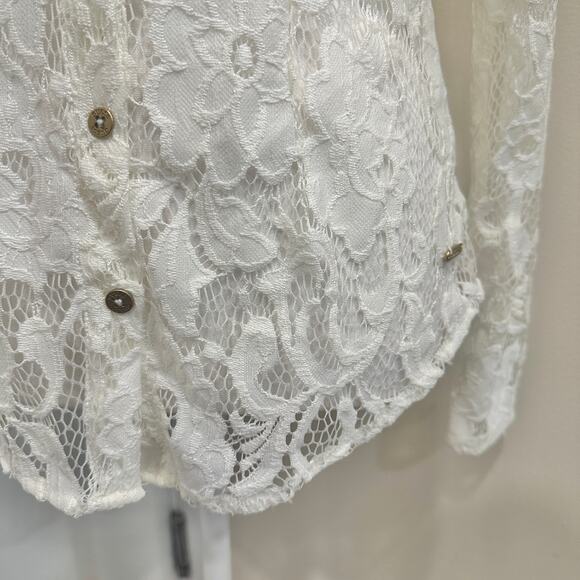 GUESS Y2K Cloud White Stretch Floral Lace Button Blouse Office Career Coquette - Picture 7 of 10